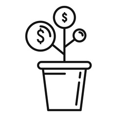Money grow plant pot icon. Outline money grow plant pot vector icon for web design isolated on white background