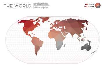 Polygonal world map. Robinson projection of the world. Red Grey colored polygons. Neat vector illustration.