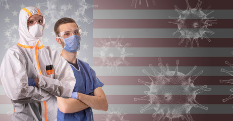 Banner Ärzte in Schutzkleidung vor amerikanischer Flagge und Viren-Grafikelementen