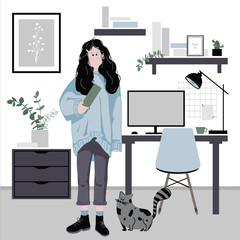 Cute and nice young girl with dark long hair and blue sweater holds a book in her hands. The pet is a gray cat. Work, freelance, workplace, office, room. Sweet home, minimalist interior. Vector.