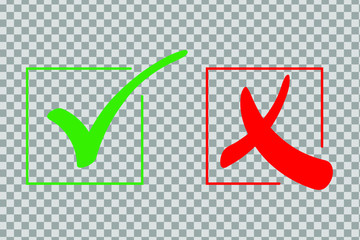 Check mark icon set. Green tick and red cross flat simbol. Check ok, YES or no, X marks for vote, decision, web.Correct and incorrect sign. Right, wrong icons.vector eps10
