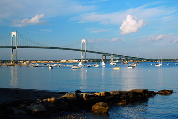 The Newport Pell Bridge connects Jamestown and Newport, Rhode Island