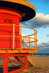 A funky lifeguard station, temporarily closed, stands along Miami Beach