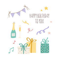 Cute birthday party stuff. Funny flags, confetti and champagne. Vector illustration
