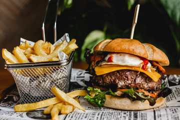 Hamburger with fries