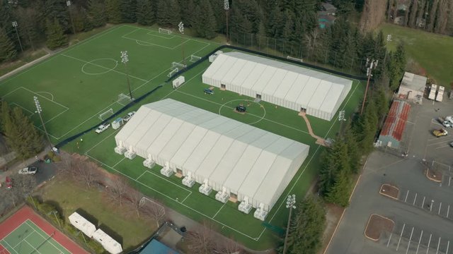 2 100 bed tents for Corona Virus patients are set up on a soccer field in Seattle