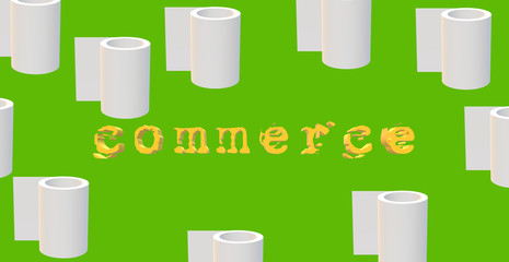 Commerce, text. Impact of COVID-19 on the economy. Biohazard. Virus. Colorful 3d illustration with random roll of toilet paper, tissue in the background.