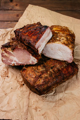 Composition of aromatic, smoked cold cuts. BBQ