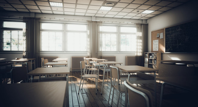 interior of a traditional school with wooden desks and chairs.