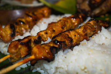 Delicious grilled meat barbeque placed on top of steamed rice.