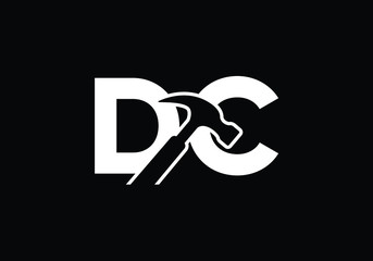 Construction company logo with bold letters and a hammer symbol offering brand identity solutions