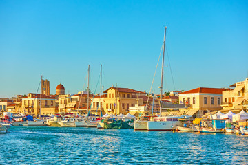 Harbour and waterfront in Aegina town in Greece