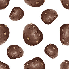 dark brown potato with white eyes on white - square seamless pattern. Realistic potato raster illustration. Hand-drawn potatoes in gouache paints