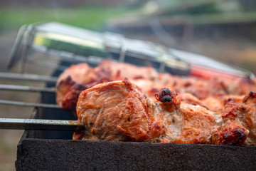 Barbecue with grilled shish kebabs close-up. Juicy meat on skewers is fried on coals.