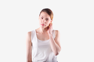 Young woman lean physique feels depressed, burnout. Isolated, white background