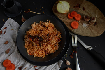 Fried rice with meat on a plate