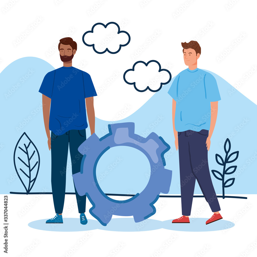 Sticker men creative with gear in landscape vector illustration design