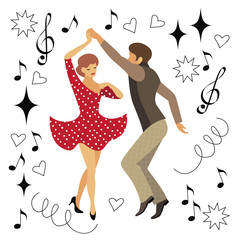 Obraz na płótnie Canvas a young man and woman dance in the style of the 50s. a drawing in the style of the cartoon. stock vector illustration. EPS 10.