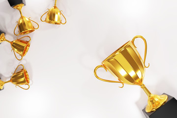 Top view golden trophy cup on gold background. copy space for text. 3d rendering.