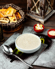 mushroom soup with bread basket _