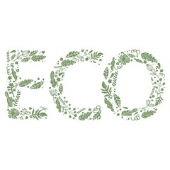 eco logo made of leaves, nature protection. T-shirt print. Green letters...