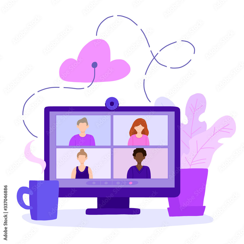 Poster desktop computer with group of colleagues taking part in video conference. software for videoconfere