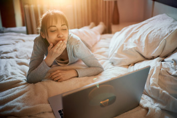 happy excited woman having video chat online, using laptop camera, send air kiss to boyfriend while...