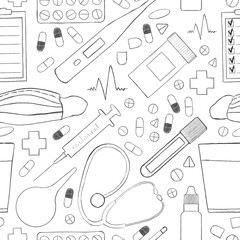 Seamless pattern. Medical stuff scattered on white background. Healthcare concept. Handdrawn by pencil. On white background in doodle sketchy style.

