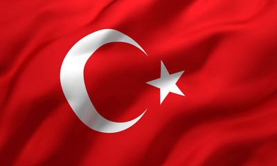 Flag of Turkey blowing in the wind. Full page Turkish flying flag. 3D illustration.