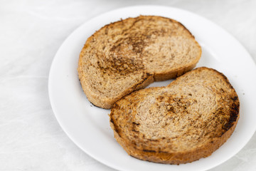 Toasted slices of bread on the plate with copy space