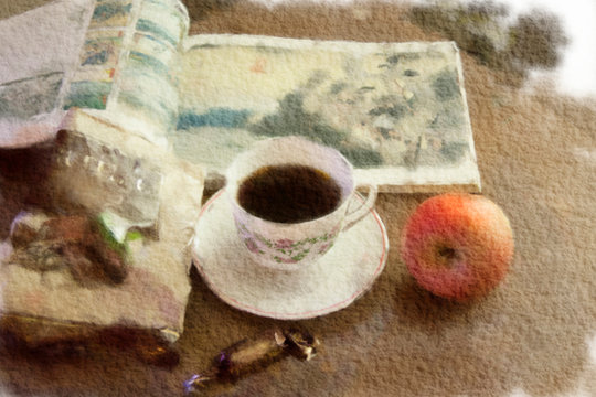 
watercolor still life cup of coffee with book