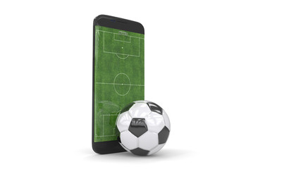 Mobile soccer. Moblie football. Football field on the smartphone screen and ball. Online ticket sales concept. 3D rendering.