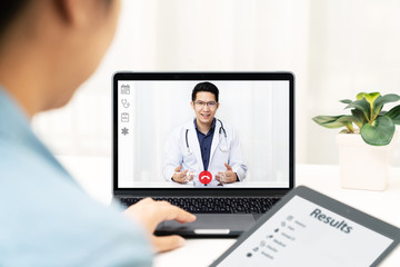 Telemedicine asian doctor video conference call online talking for follow up remotely with medical coronavirus result at home.Online healthcare digital technology service, counselor and interview app. - obrazy, fototapety, plakaty