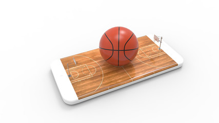 3D illustration of a basketball ball on court on a smartphone screen. Watching basketball and betting online concept. Isolated. 3D rendering.
