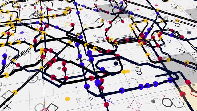 Color digital map of urban routes. Animation. Beautiful modern city map with colored roads and points on white background. Moving lines of urban traffic with signs on map