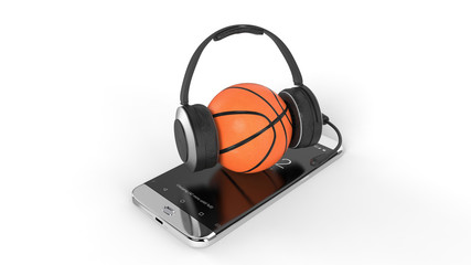 3D illustration of a basketball ball on court on a smartphone screen. Watching basketball and betting online concept. Isolated. 3D rendering.