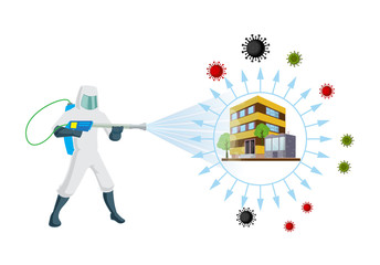 Sanitizing & Disinfectant an office for covid-19 virus corona virus and insects. Human corrector of doing pest control at offices and home.  Sanitize office and home vector illustration. - obrazy, fototapety, plakaty