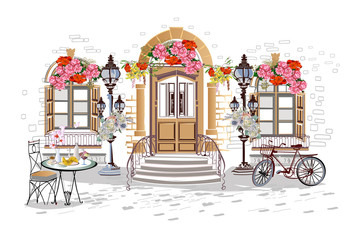Series of backgrounds decorated with flowers, old town views and street cafes.    Hand drawn vector architectural background with historic buildings.  - 337050259