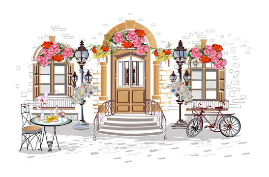 Series of backgrounds decorated with flowers, old town views and street cafes.    Hand drawn vector architectural background with historic buildings. 
