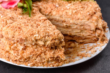 Fresh delicious cake napoleon with cream on a dark background