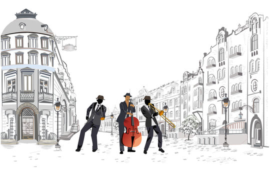 Series of the street cafes with fashion people, men and women, in the old city. Street musicians in the city. Jazz band. Hand drawn vector illustration with retro buildings.