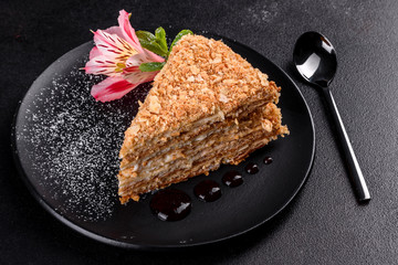 Fresh delicious cake napoleon with cream on a dark background
