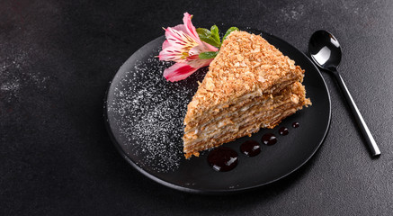Fresh delicious cake napoleon with cream on a dark background