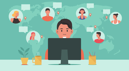 people from around the world working together online on computer, teleconference, video conference remote working, work from home, work from anywhere, new normal concept, vector flat illustration