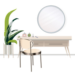 Vanity table with cosmetic mirror on wall. Female boudoir for makeup. Makeup table. Vector illustration.