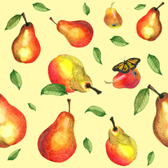 Watercolor hand drawn seamless pattern with  pears and green leaf. For used on card, wallpaper, poster, banner, panel or frame.