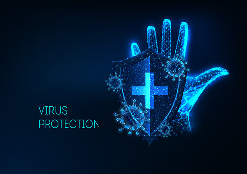 Futuristic Coronavirus protection concept with glowing low polygonal human hand, shield and viruses
