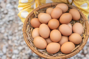 A cute little girl is wearing a yellow dress. Carrying a basket with many eggs inside