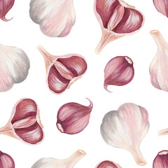 whole garlic, half and slice in peel - seamless print isolated on white square background. Raster hand-drawn gouache illustration of garlic in a realistic style