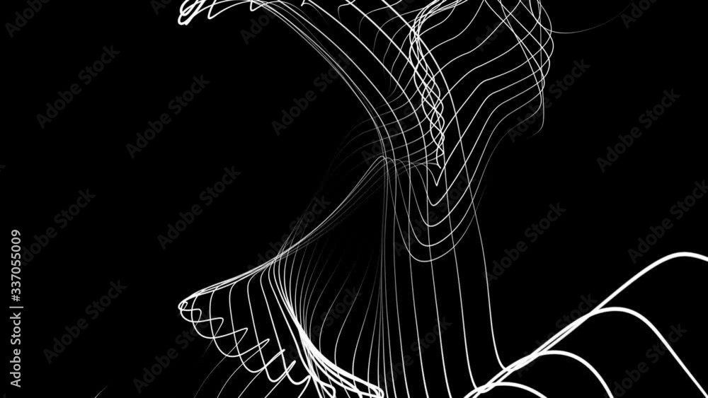 Poster Abstract loopable motion white waving lines texture at black background. Cyber technology digital landscape background